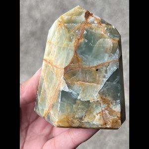 Lemurian Aquatine Calcite/Brazilian Blue Onyx Point (Polished)